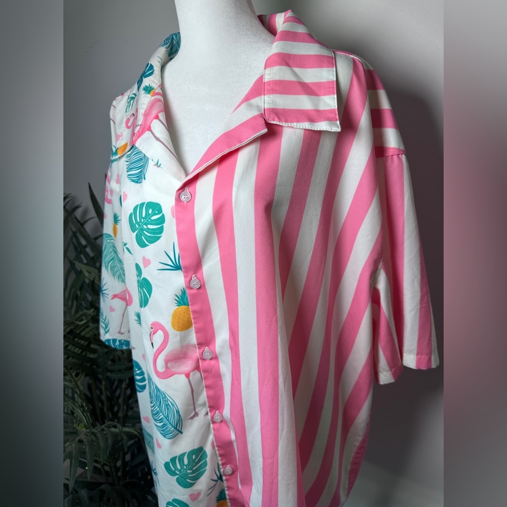 Men’s Striped Tropical Summer Beach Flamingo Hawaiian T Shirt size 2X - Picture 2 of 8